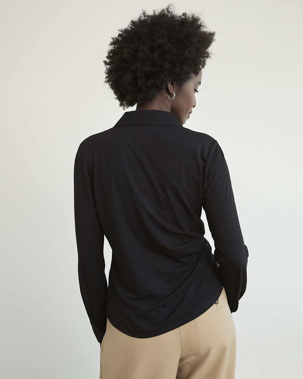 Black Long-Sleeve Buttoned-Down Piqué Top with Shirt Collar