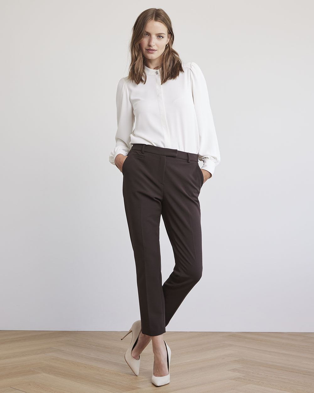 White Silky Crepe Long-Sleeve Buttoned-Down Blouse