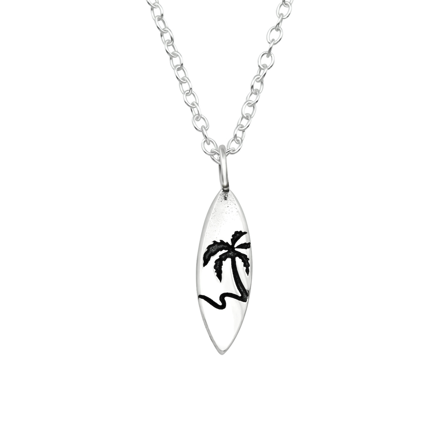 Sterling Silver Dainty Palm Tree and Surf Pendant Necklace - Ag Sterling