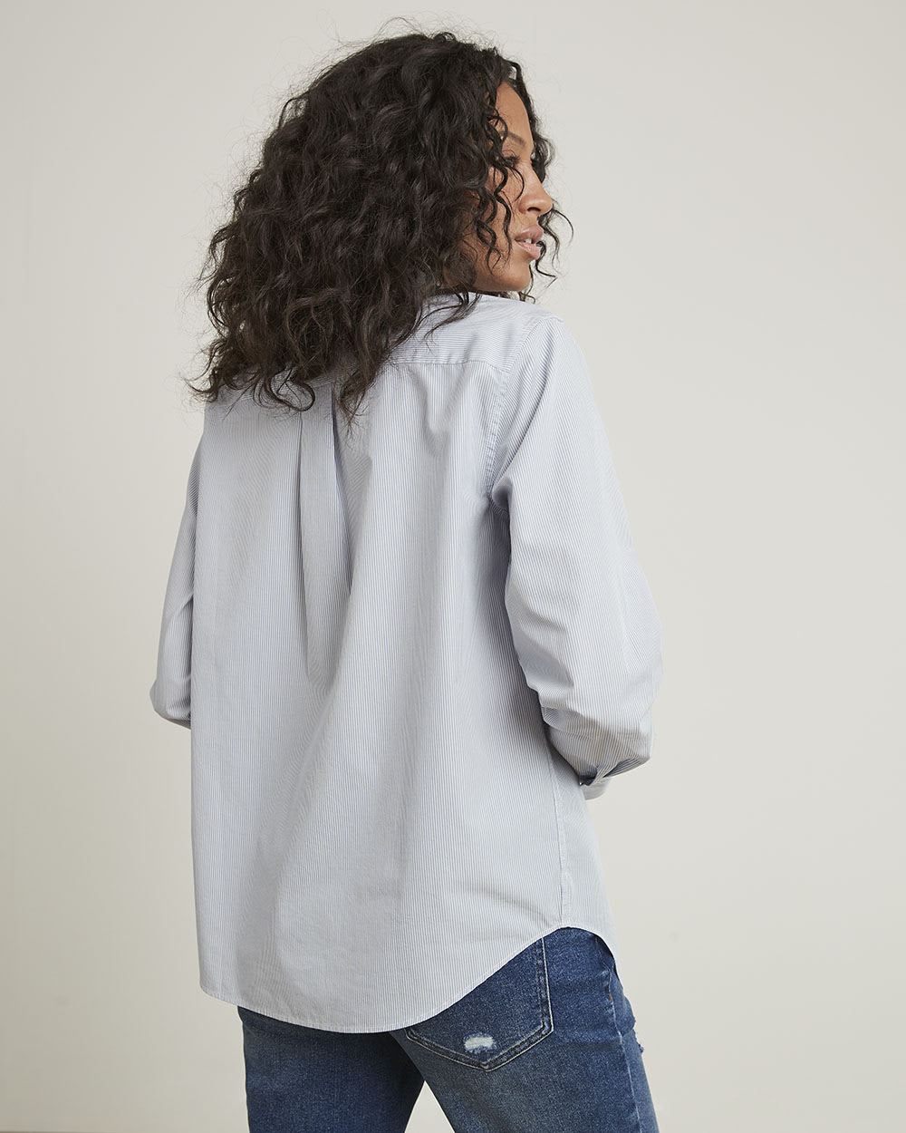 Long-Sleeve Buttoned-Down Striped Poplin Blouse