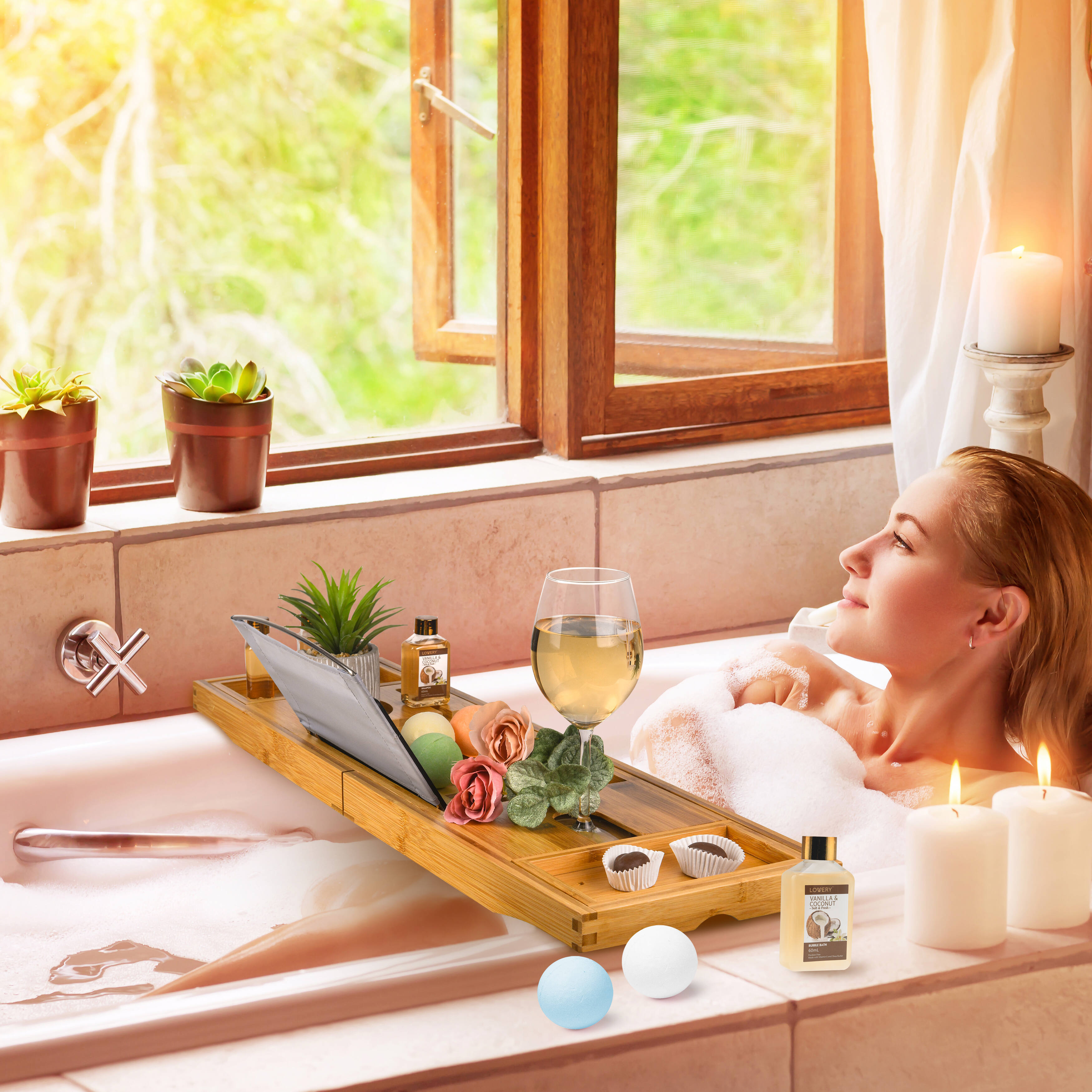 Lovery Premium Bamboo Bathtub Caddy Gift Set - Expandable Tray