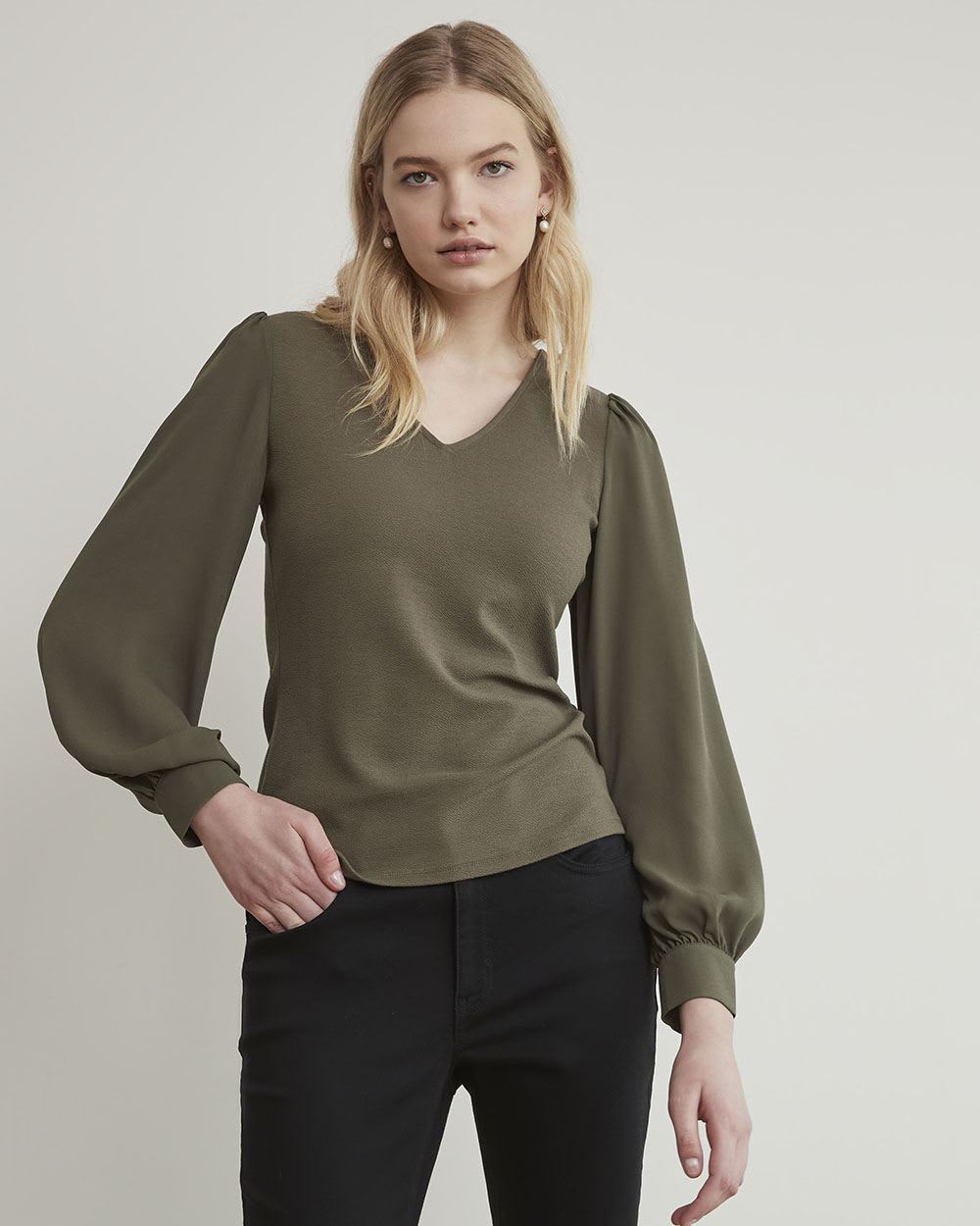 Mix-Media V-Neck Top with Long Puffy Sleeves