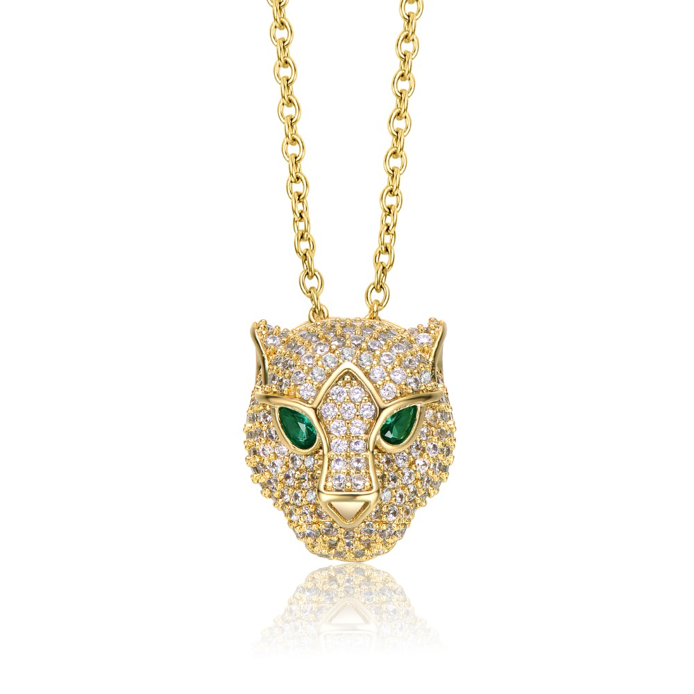 RG 14k Yellow Gold Plated with Emerald & Cubic Zirconia 3D Panther Head Pendant Layering Necklace