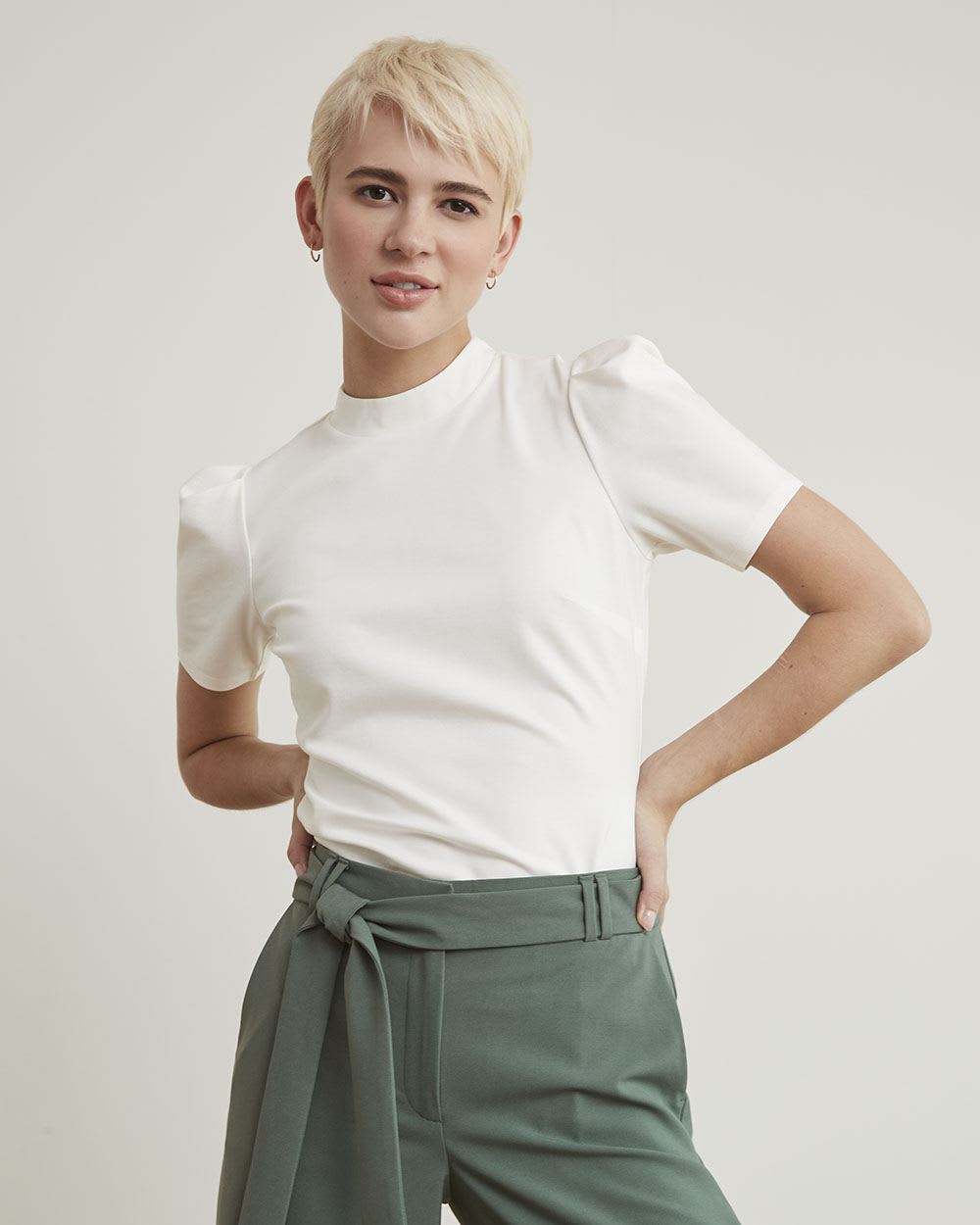Mock-Neck T-Shirt with Short Puffy Sleeves