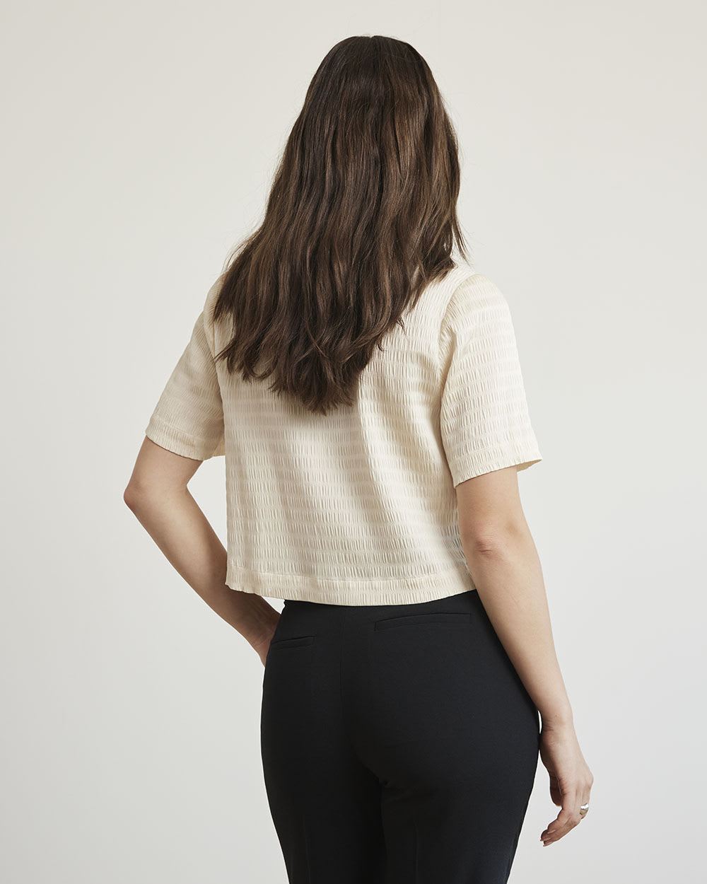 Short-Sleeve Buttoned-Down Textured Blouse