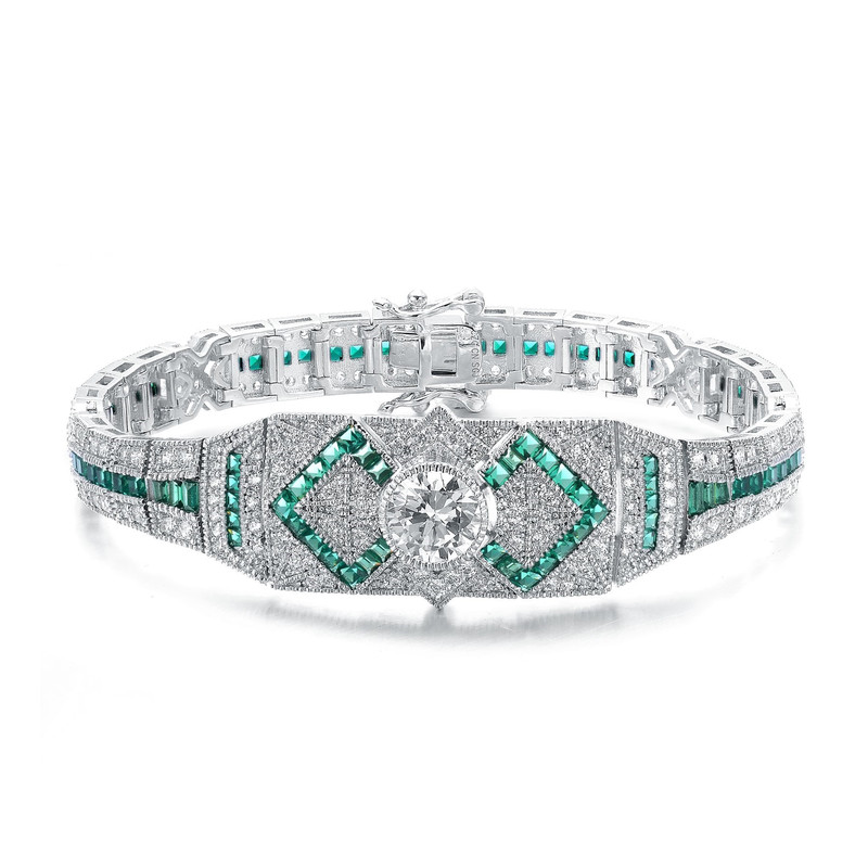 925 Sterling Silver White Gold Plating with Colored Baguette Cubic Zirconia Link Bracelet