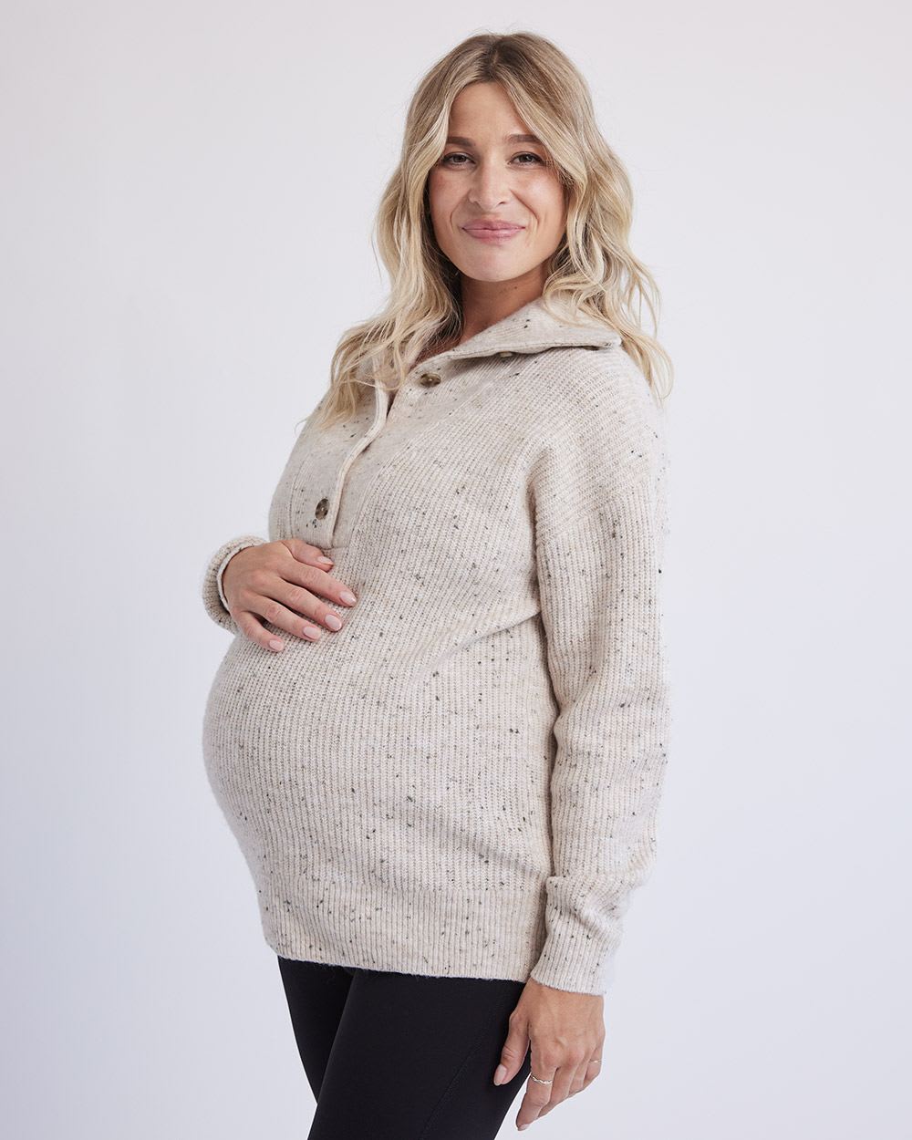 High-Neck with Buttons Nursing Pullover - Thyme Maternity