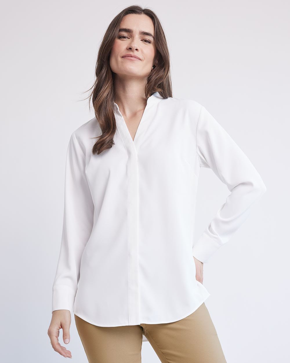 Long-Sleeve V-Neck Crepe Popover Blouse