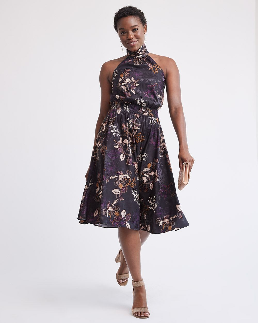 Sleeveless Midi Cocktail Dress with Halter Neckline