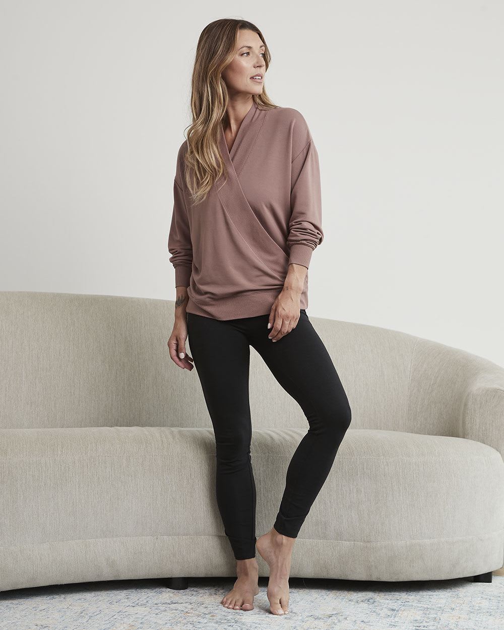 Long-Sleeve Fleece Top with Wrap V Neckline - Thyme Maternity