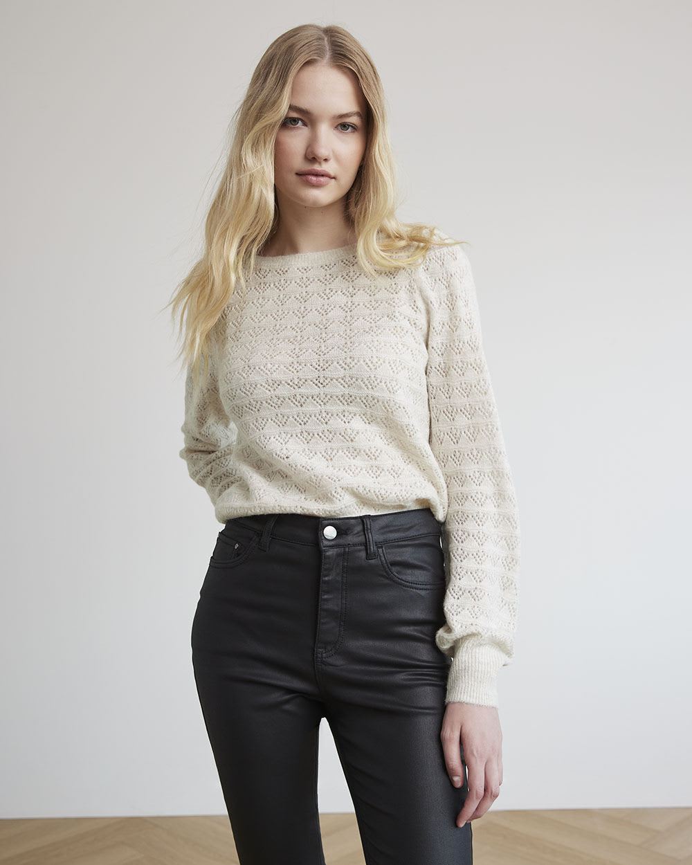Long-Sleeve Boat-Neck Sweater with Pointelle Stitches