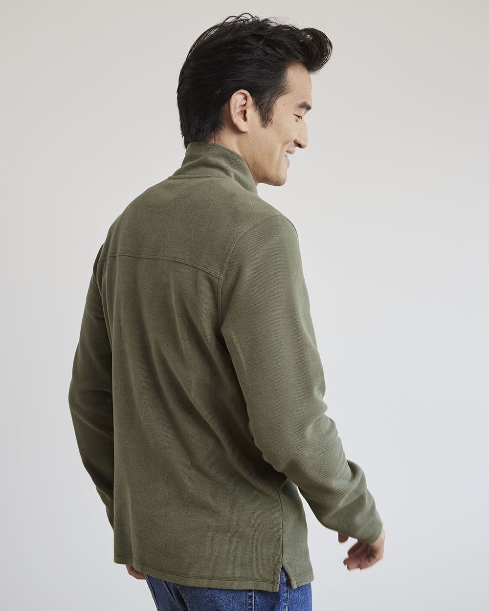 Mock-Neck Waffled-Knit Pullover with Half-Zip