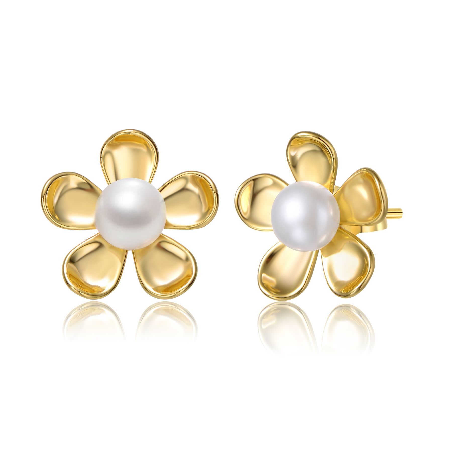 Sterling Silver 14k Yellow Gold Plated with White Pearl Blooming Daisy Flower Stud Earrings