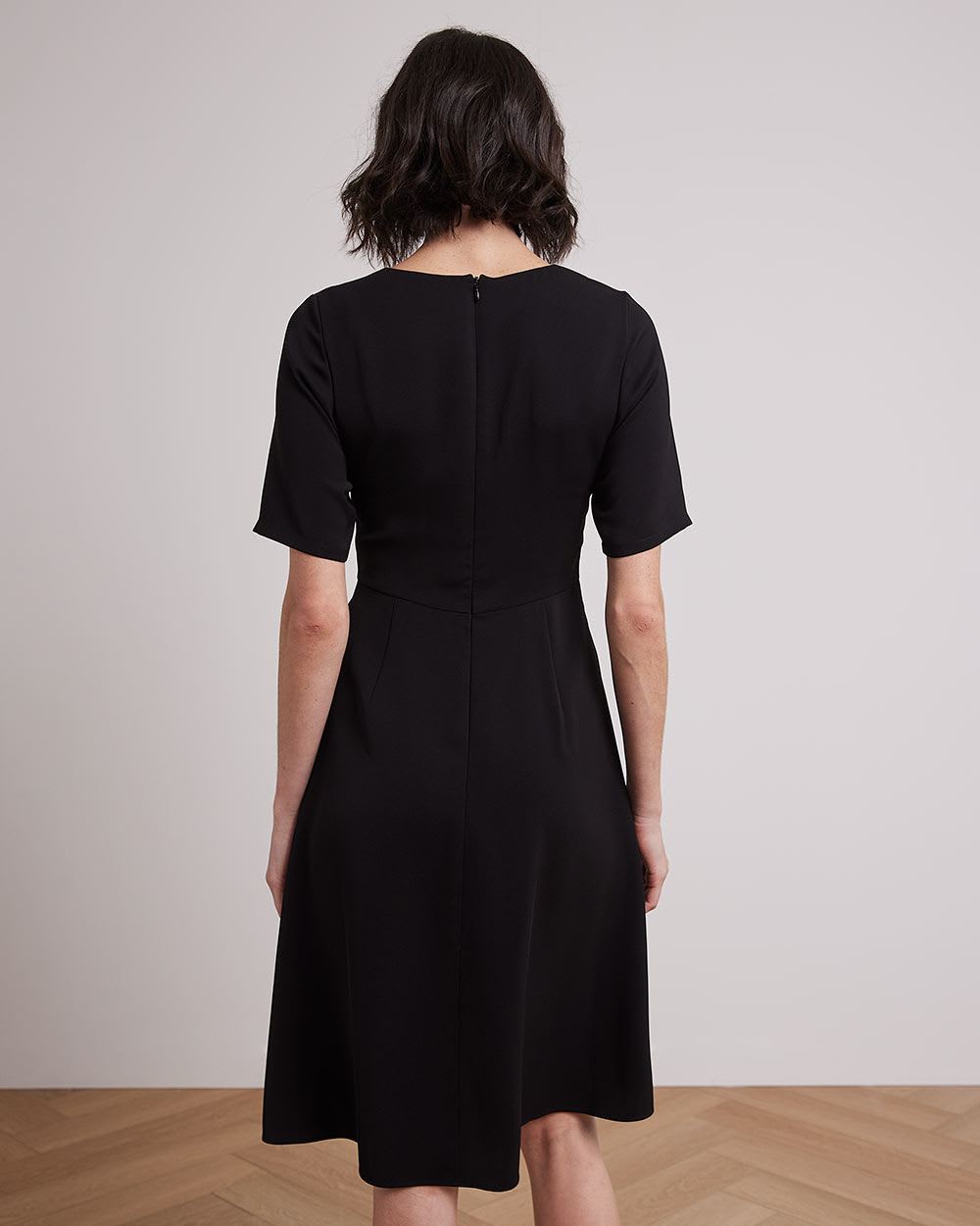 Short-Sleeve Fit and Flare Dress with V Neckline