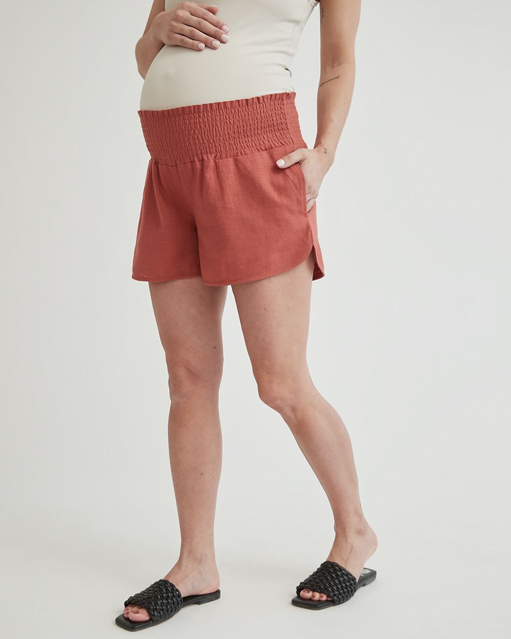 Linen Blend Smocked Pull-On Short - Thyme Maternity