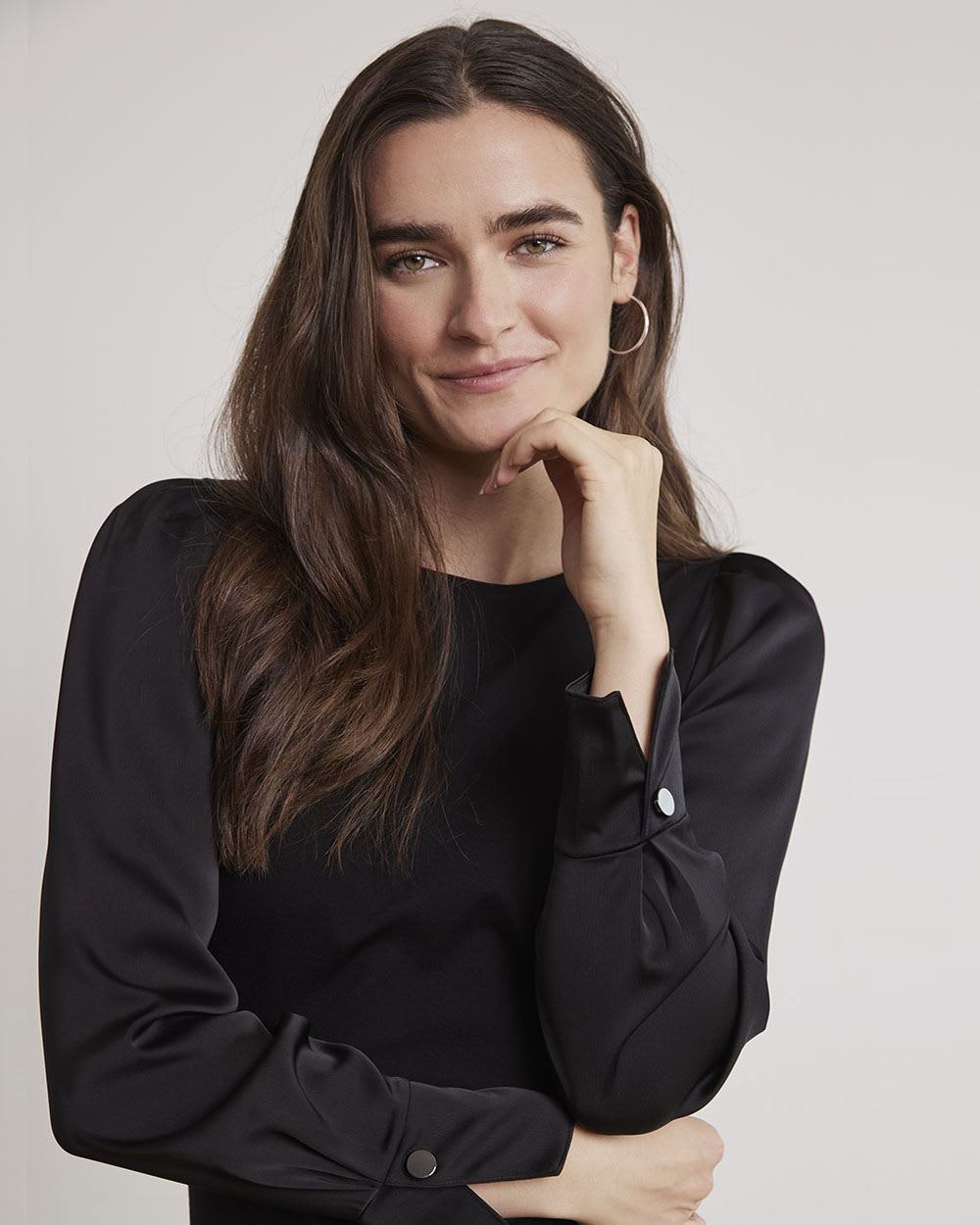 Mix-Media Crew-Neck T-Shirt with Long Puffy Sleeves