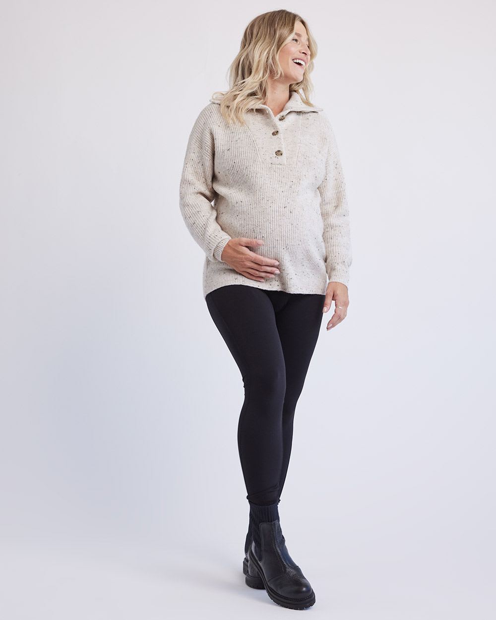 High-Neck with Buttons Nursing Pullover - Thyme Maternity