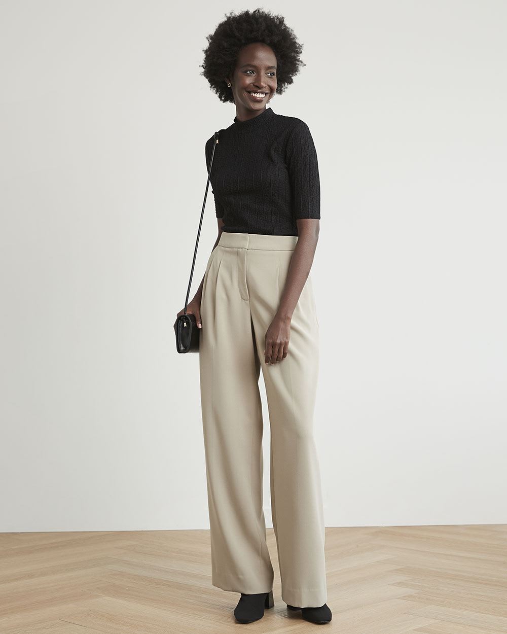 Elbow-Sleeve Sheer Lace Tee with Mock Neckline