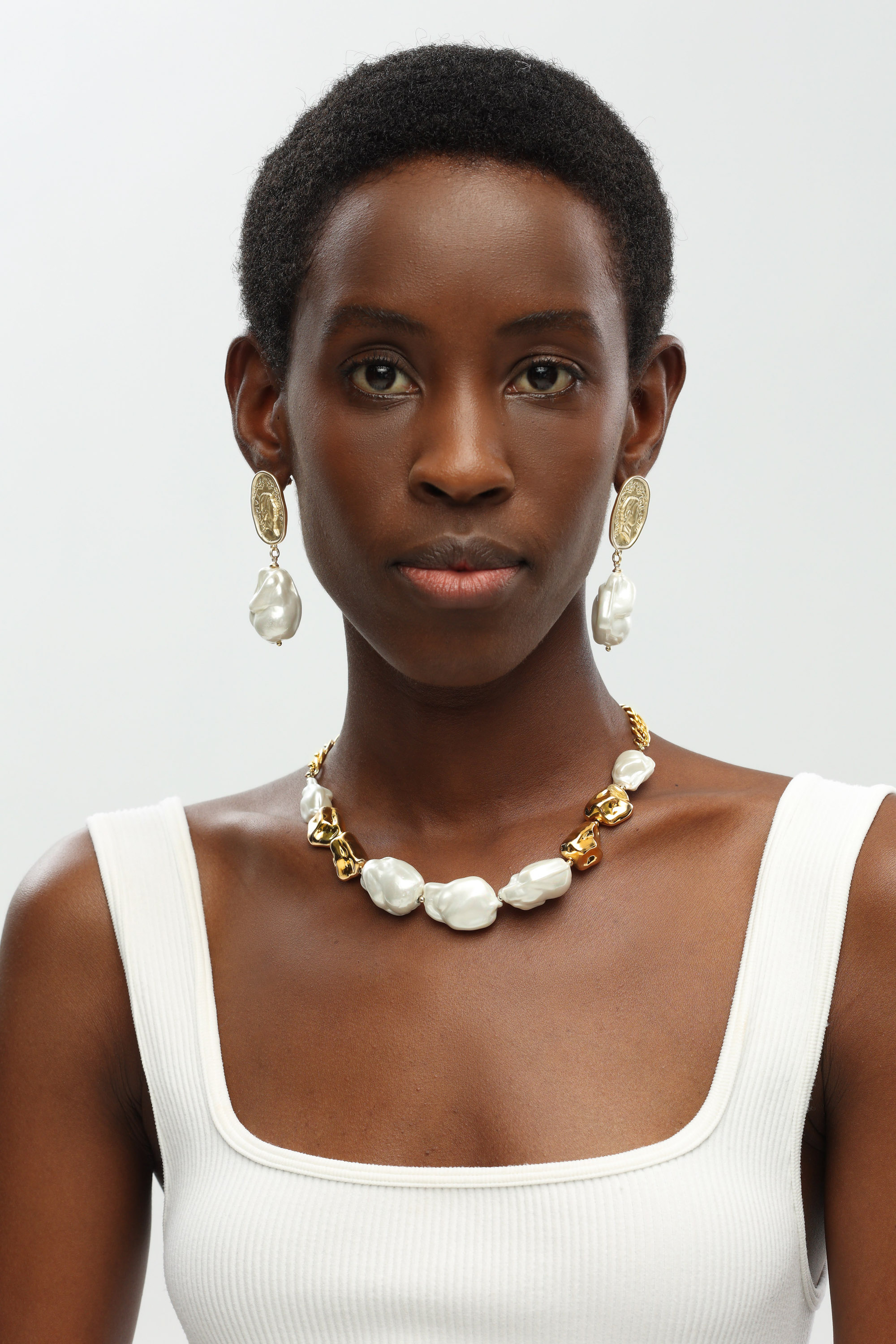 Classicharms-Matted Gold Sculpted Oversized Baroque Pearl Drop Earrings