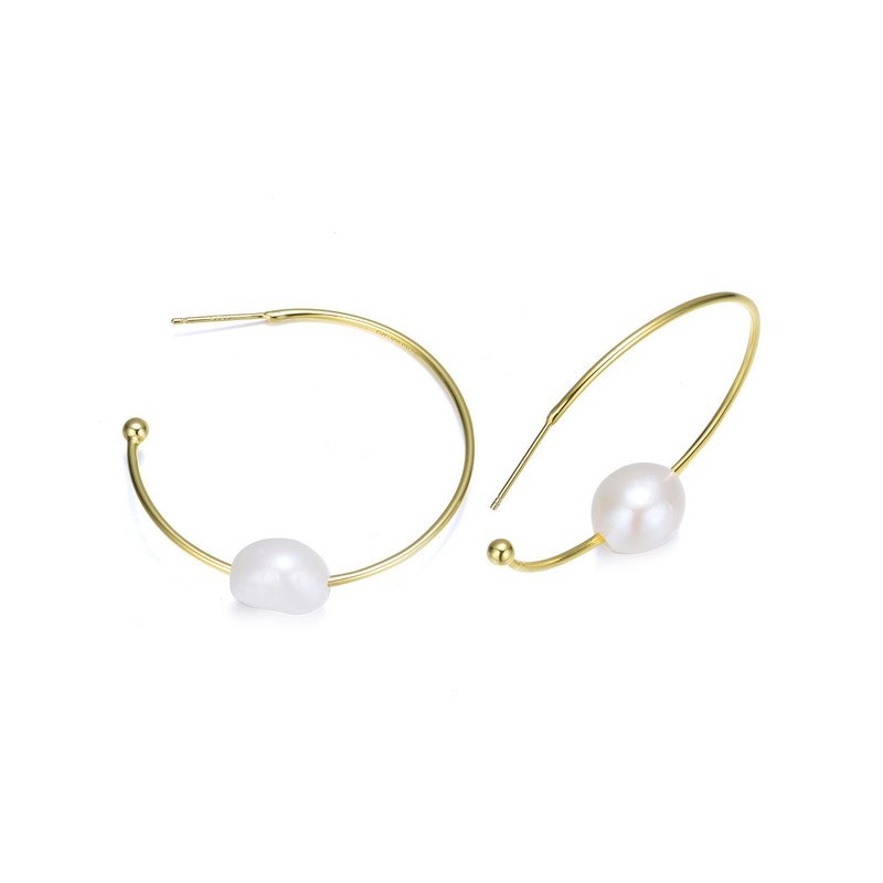 Stylish Sterling Silver with 14k Yellow Gold Plating and Genuine Freshwater Pearl Hoop Earrings