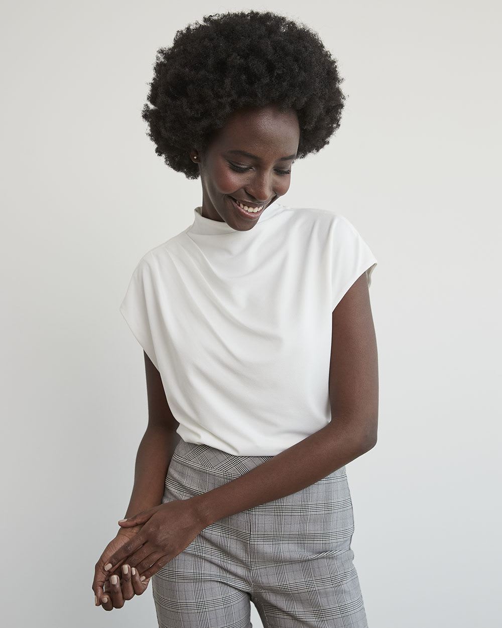 White Cap-Sleeve Crepe Tee with Pleated Mock Neckline