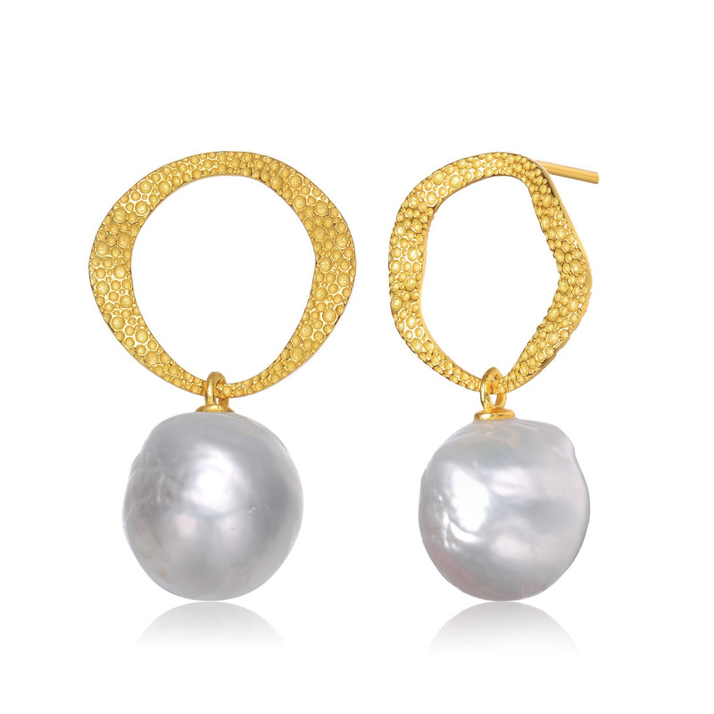 Sterling Silver 14k Yellow Gold Plated with Genuine Freshwater Button Pearl Drop Earrings