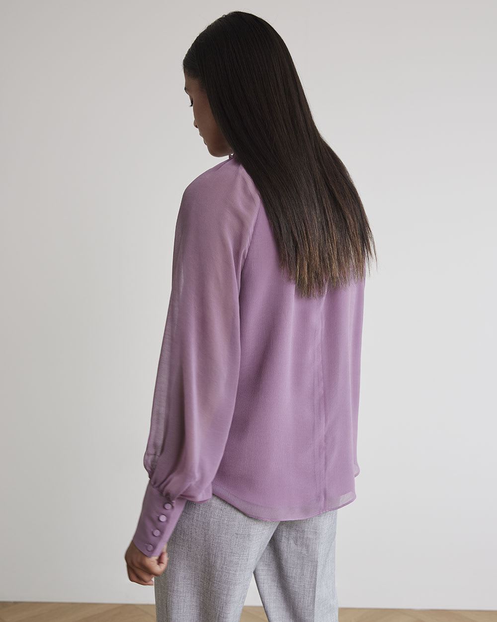 Mock-Neck Popover Blouse with Long Balloon Sleeves