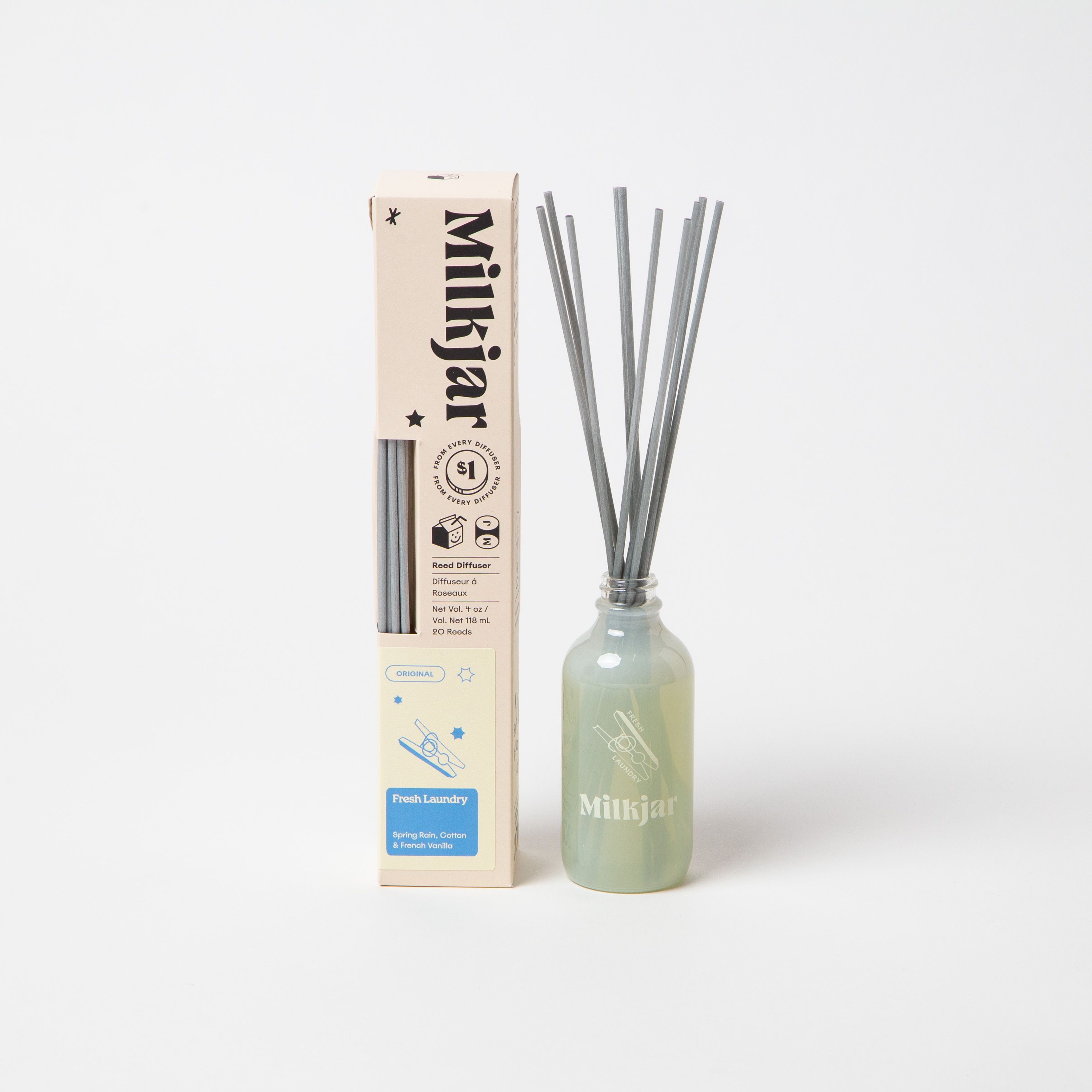 Milk Jar Fresh Laundry Reed Diffuser | Spring Rain, Cotton & Vanilla 4oz