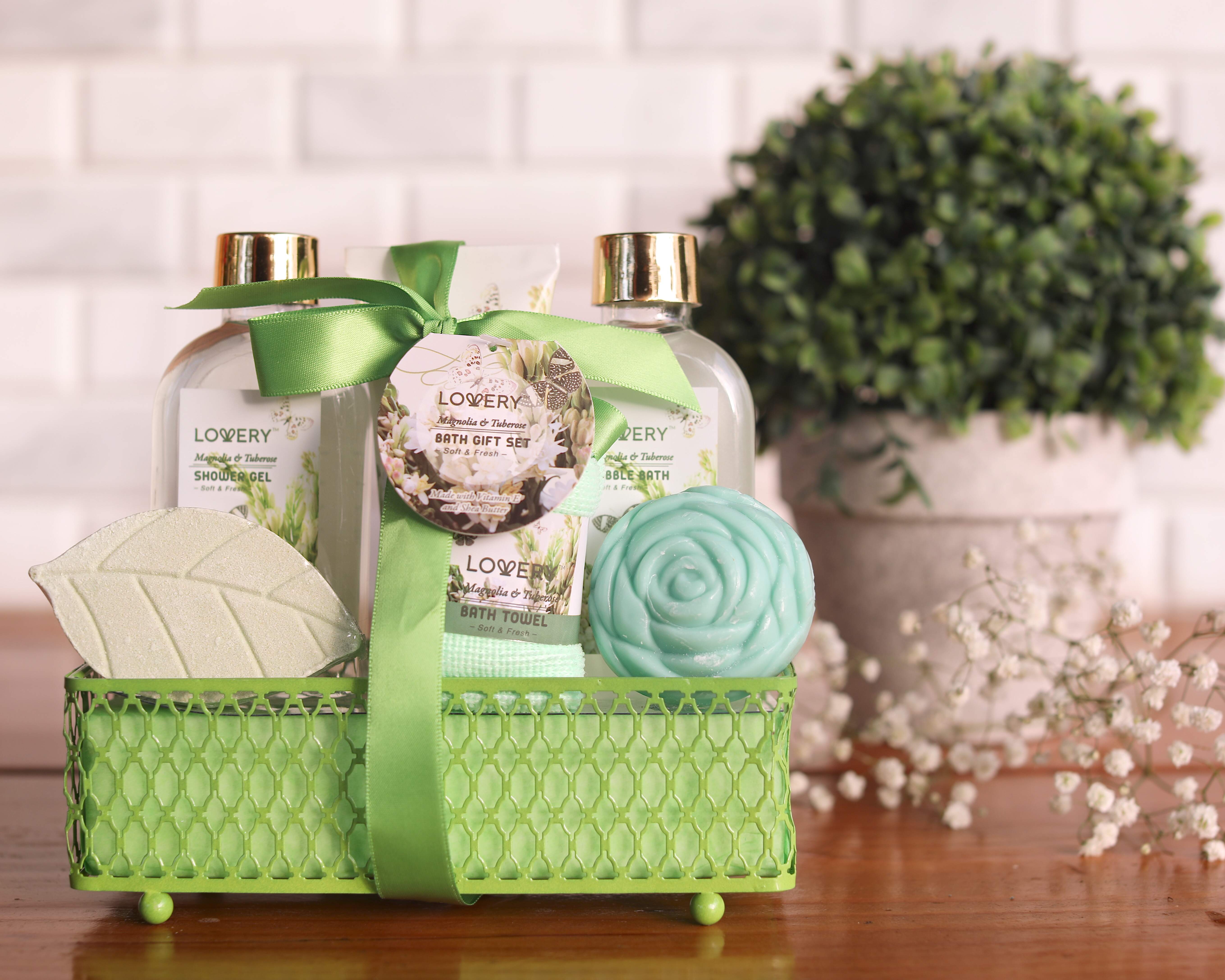 Lovery Home Spa Gift Basket - Magnolia Tuberose Fragrance - 7 Pc Bath And Body Set