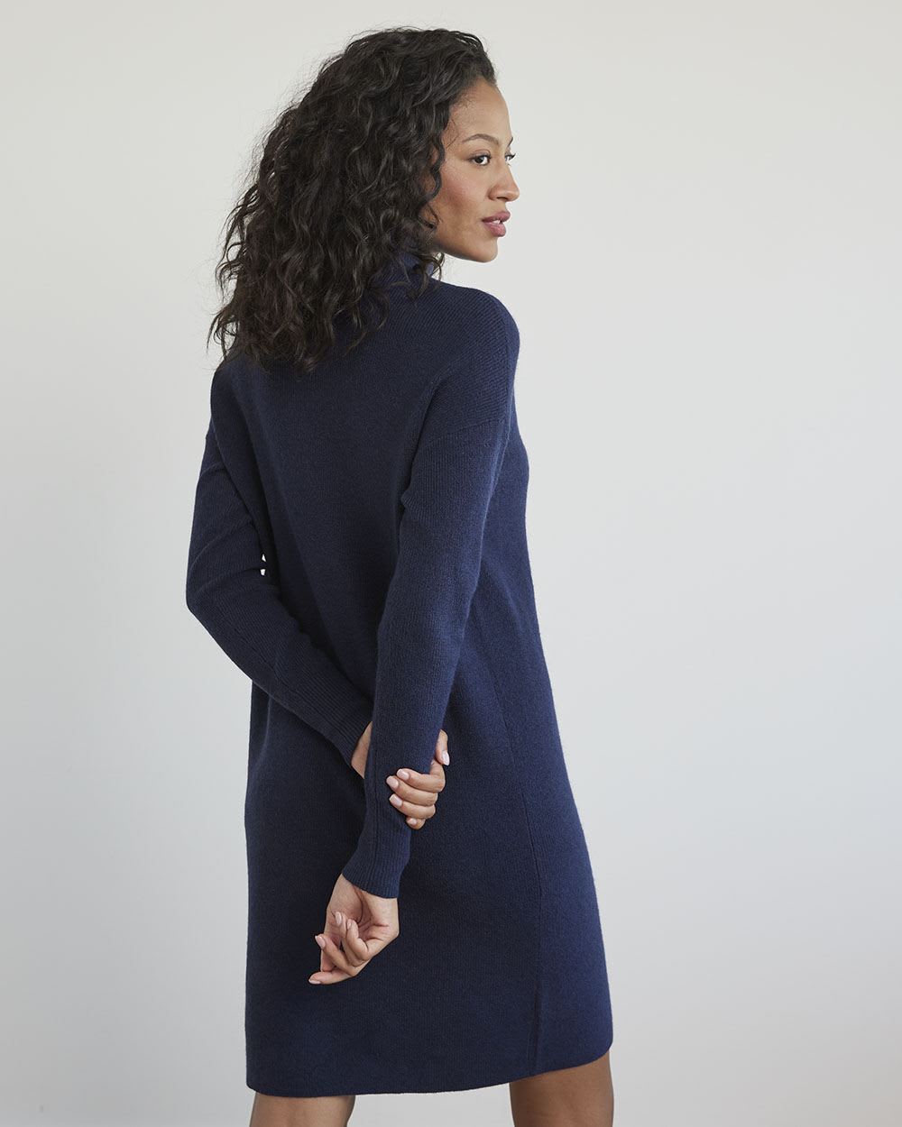 Long-Sleeve Mock-Neck Straight Dress with Buttons at Shoulder