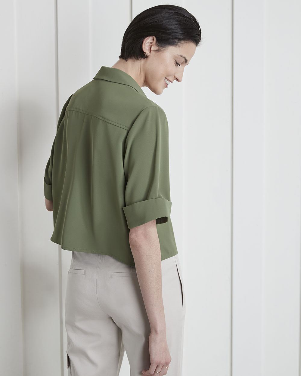 Soft Crepe Buttondown Blouse with Roll-Up Sleeves and Pocket
