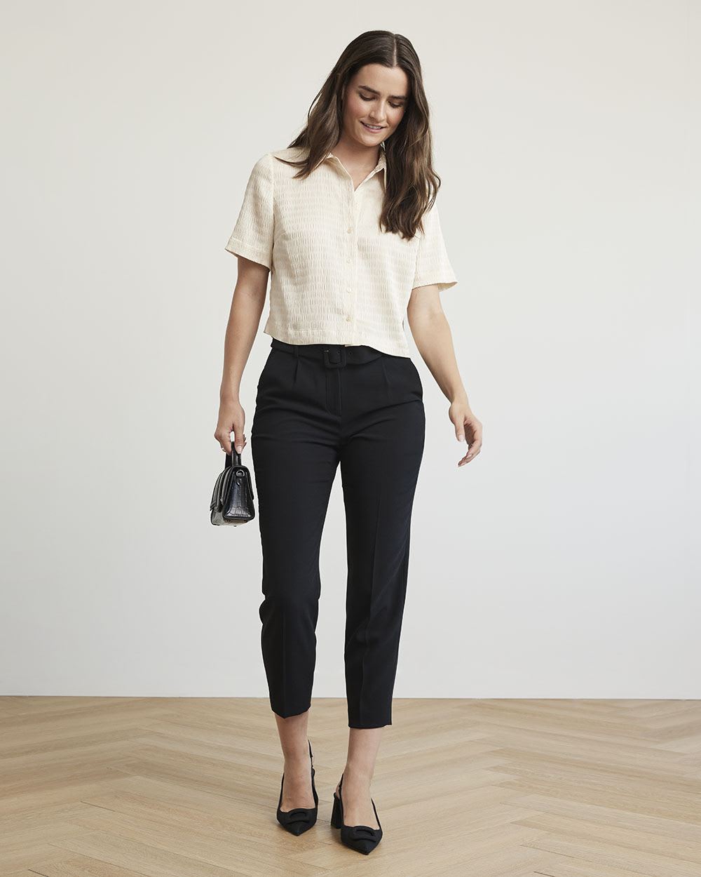 Short-Sleeve Buttoned-Down Textured Blouse