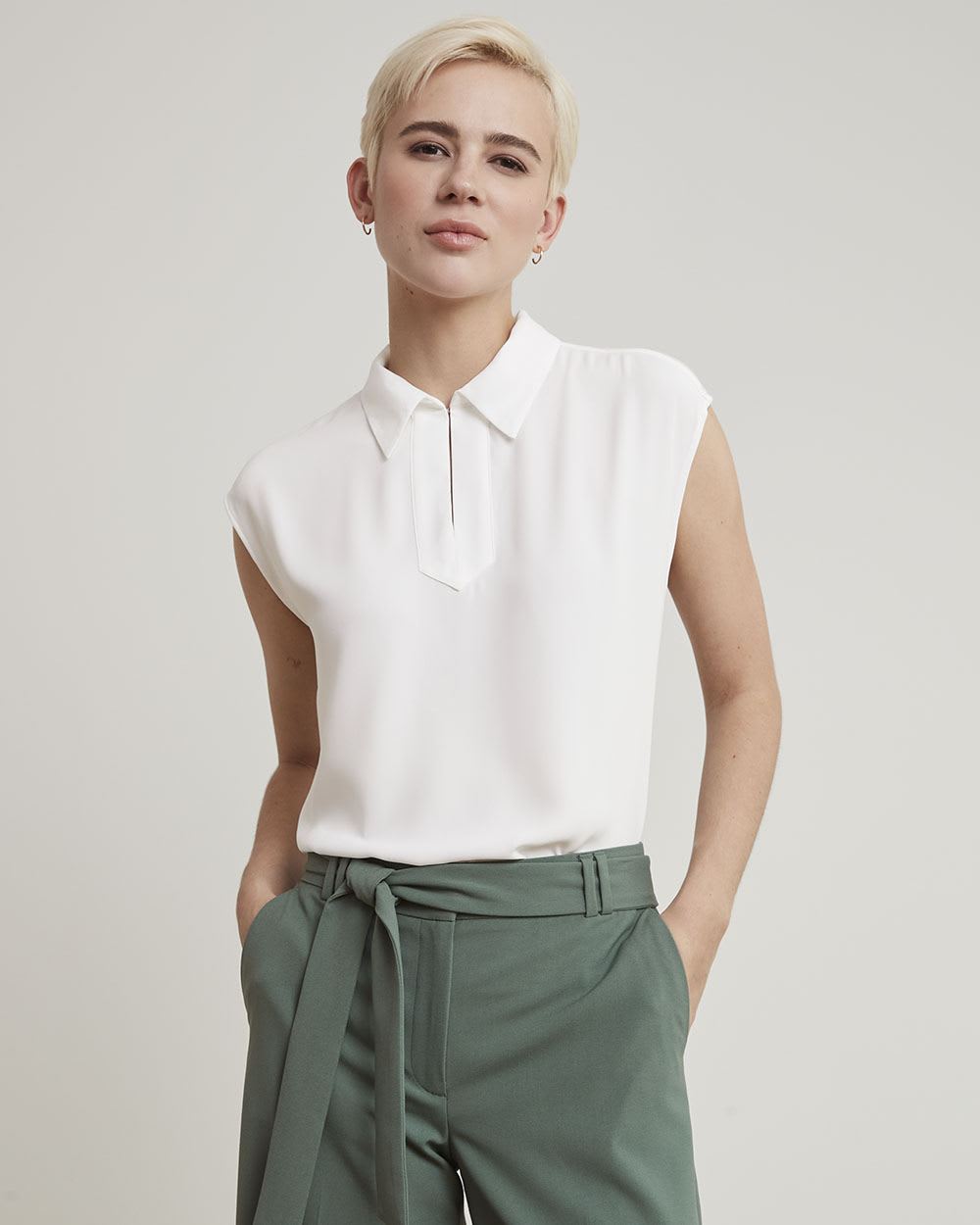 White Mix-Media Tee with Shirt Collar