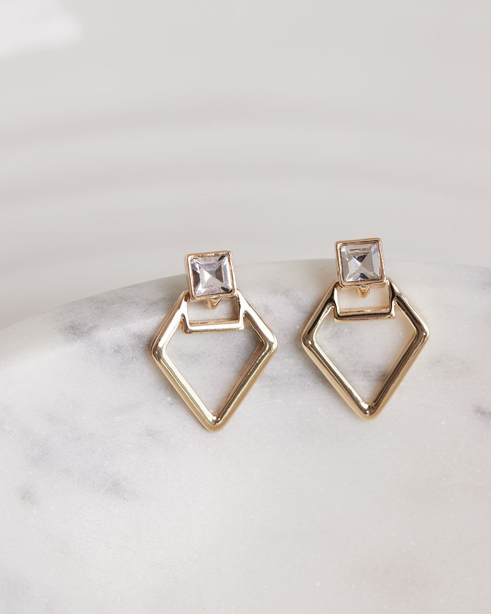Diamond-Shaped Golden Earrings with Glass Stones