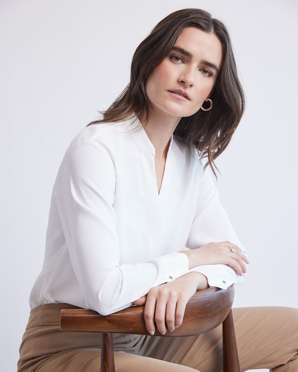 Long-Sleeve V-Neck Crepe Popover Blouse