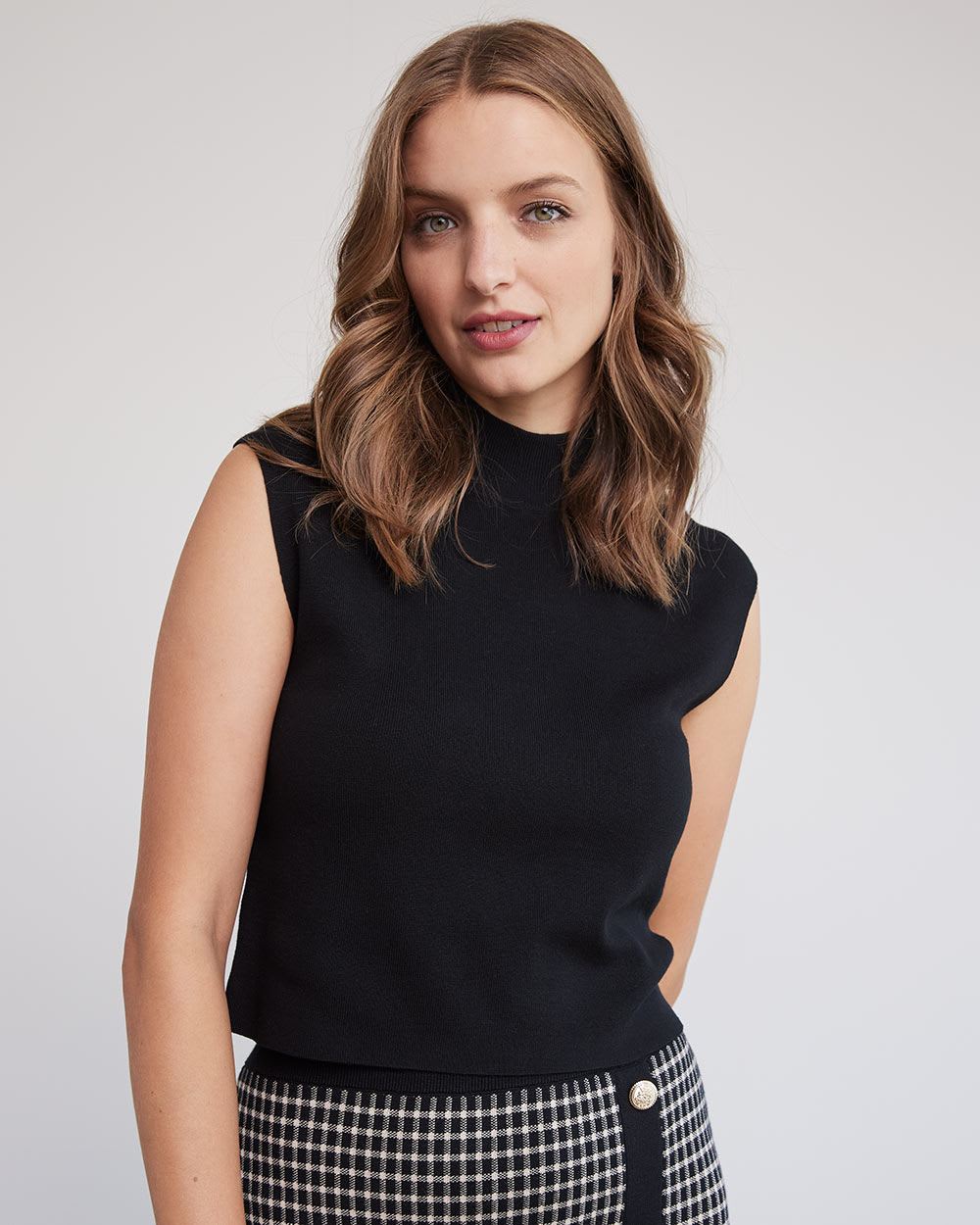 Cropped Mock-Neck Sleeveless Sweater