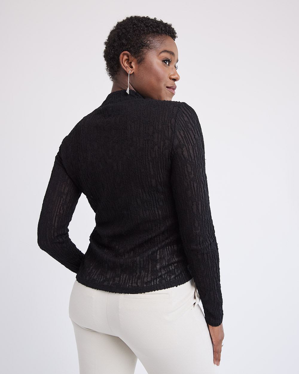 Long-Sleeve Mock-Neck Wool Lace Top