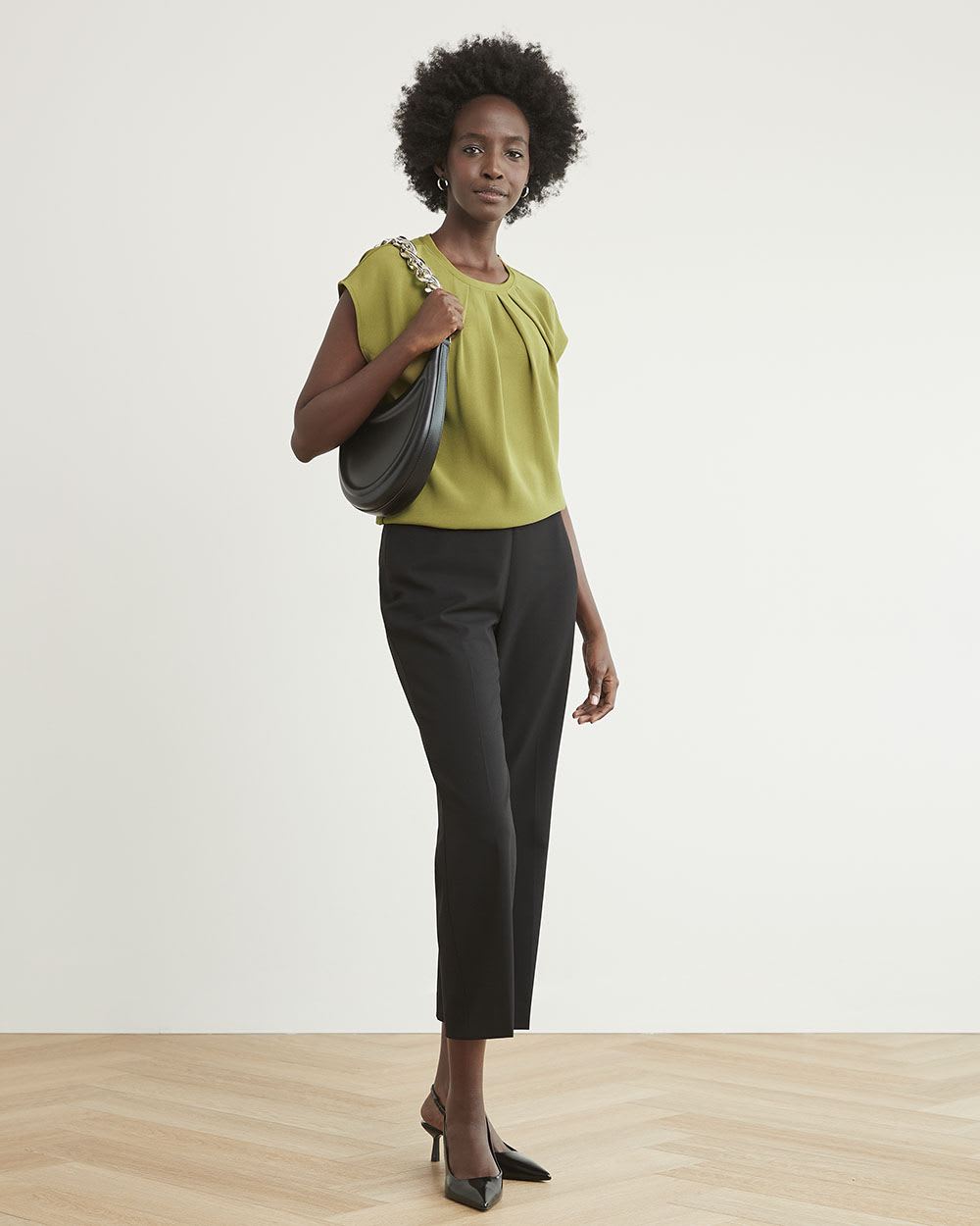 Mix-Media Top with Extended Sleeves and Pleated Crew Neckline