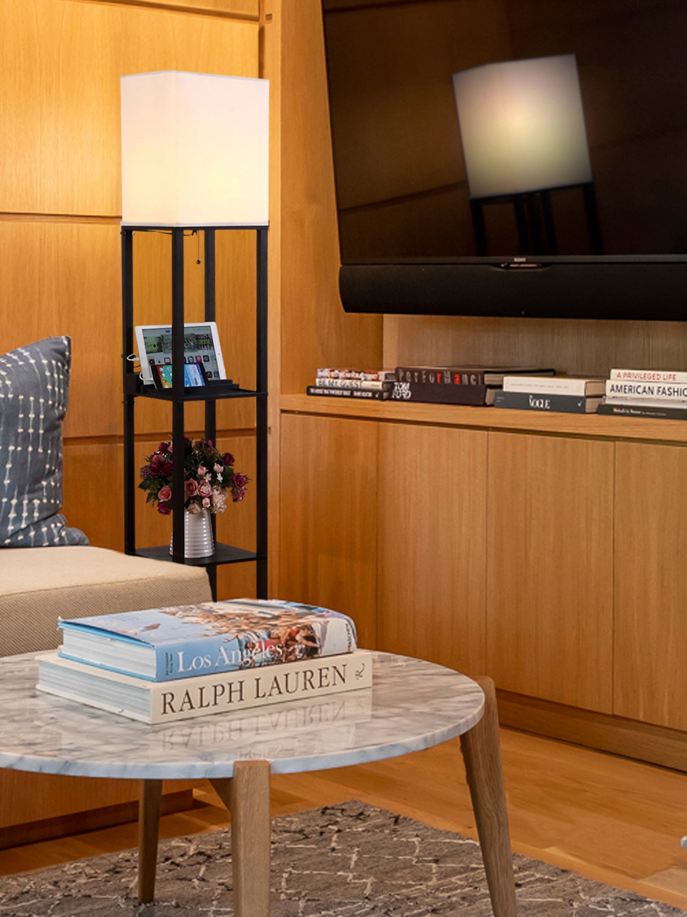 Maxwell Shelf & Led Floor Lamp With Lantern Shade, Usb Port, And Outlet