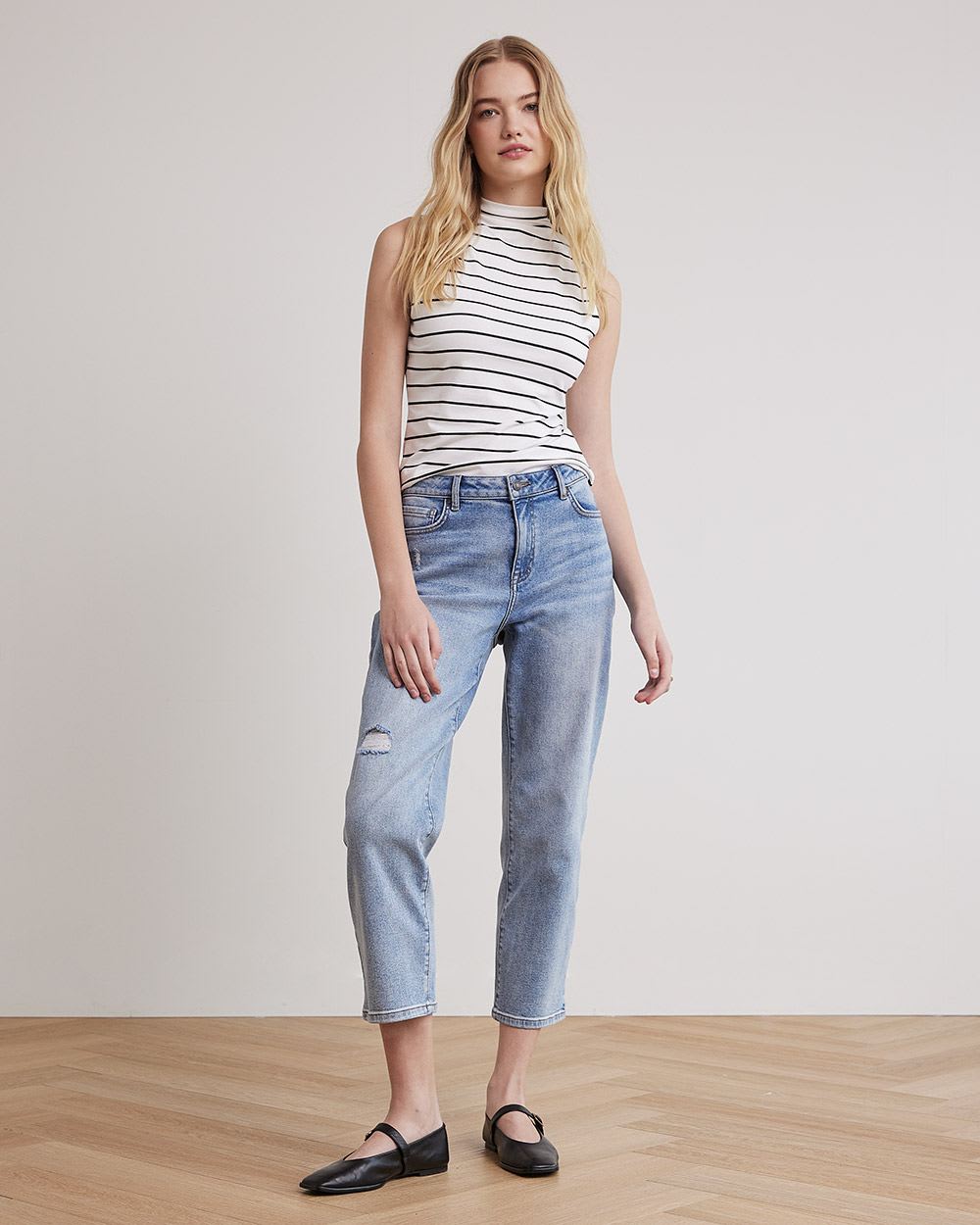 Sleeveless Mock-Neck Striped Bodycon Top