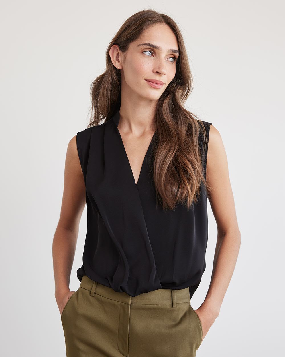 Sleeveless Popover Wrap Twill Blouse
