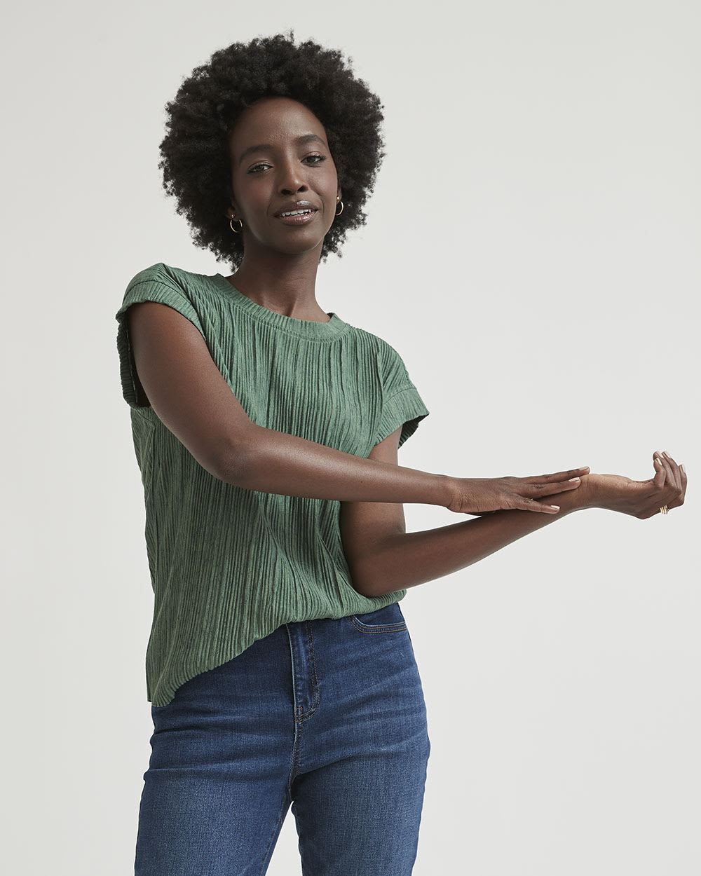 Crinkle Crew-Neck Cap Sleeve T-Shirt