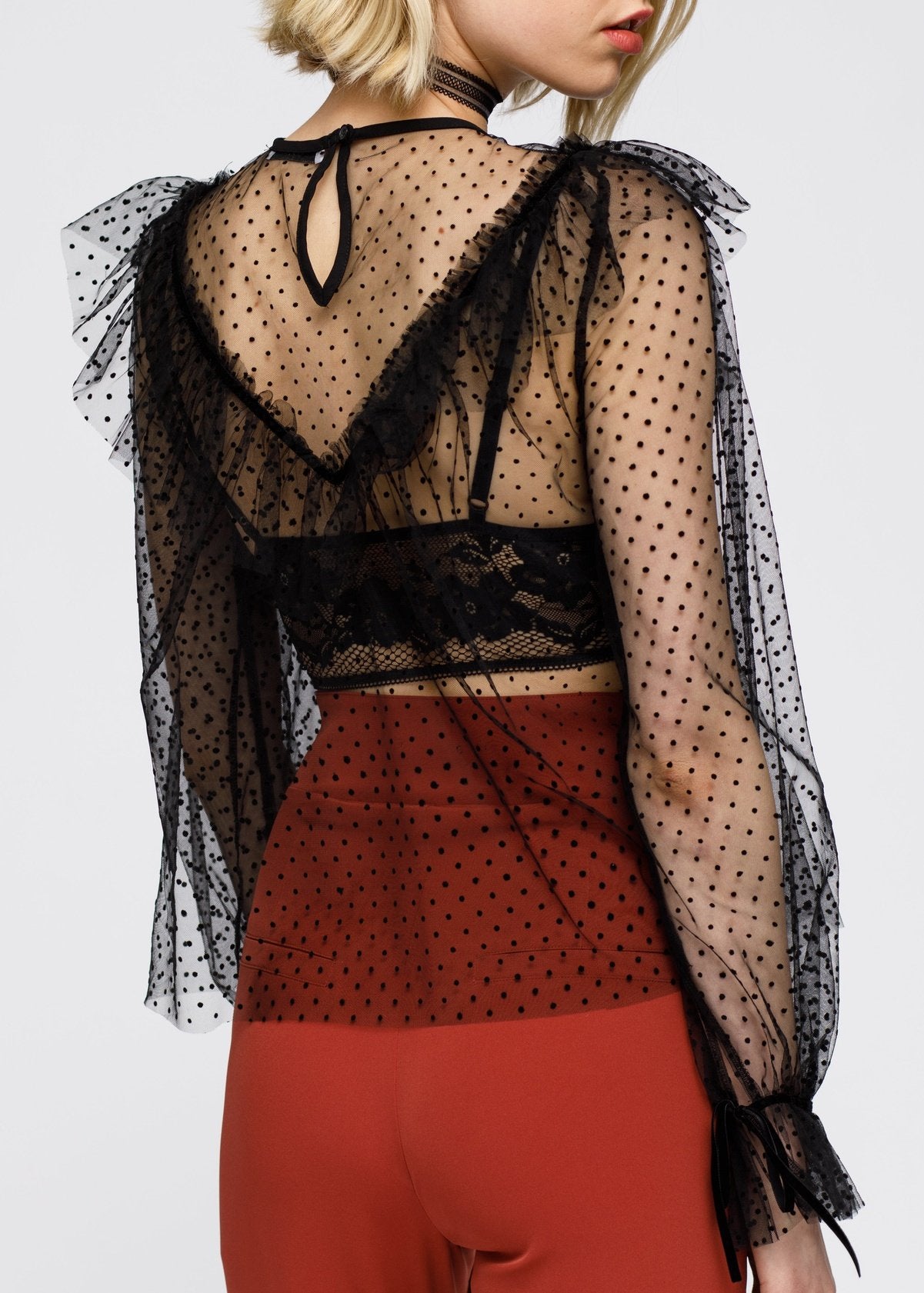 Nurode Polka Dot Mesh Ruffle Top