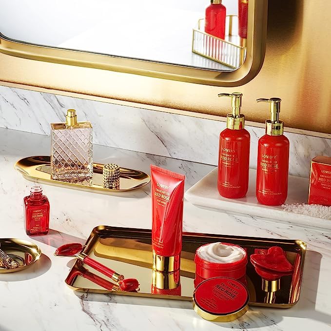 Lovery Luxe 11pc Red Rose Bath And Body Set With Perfume, Jade Roller, Gua Sha & More