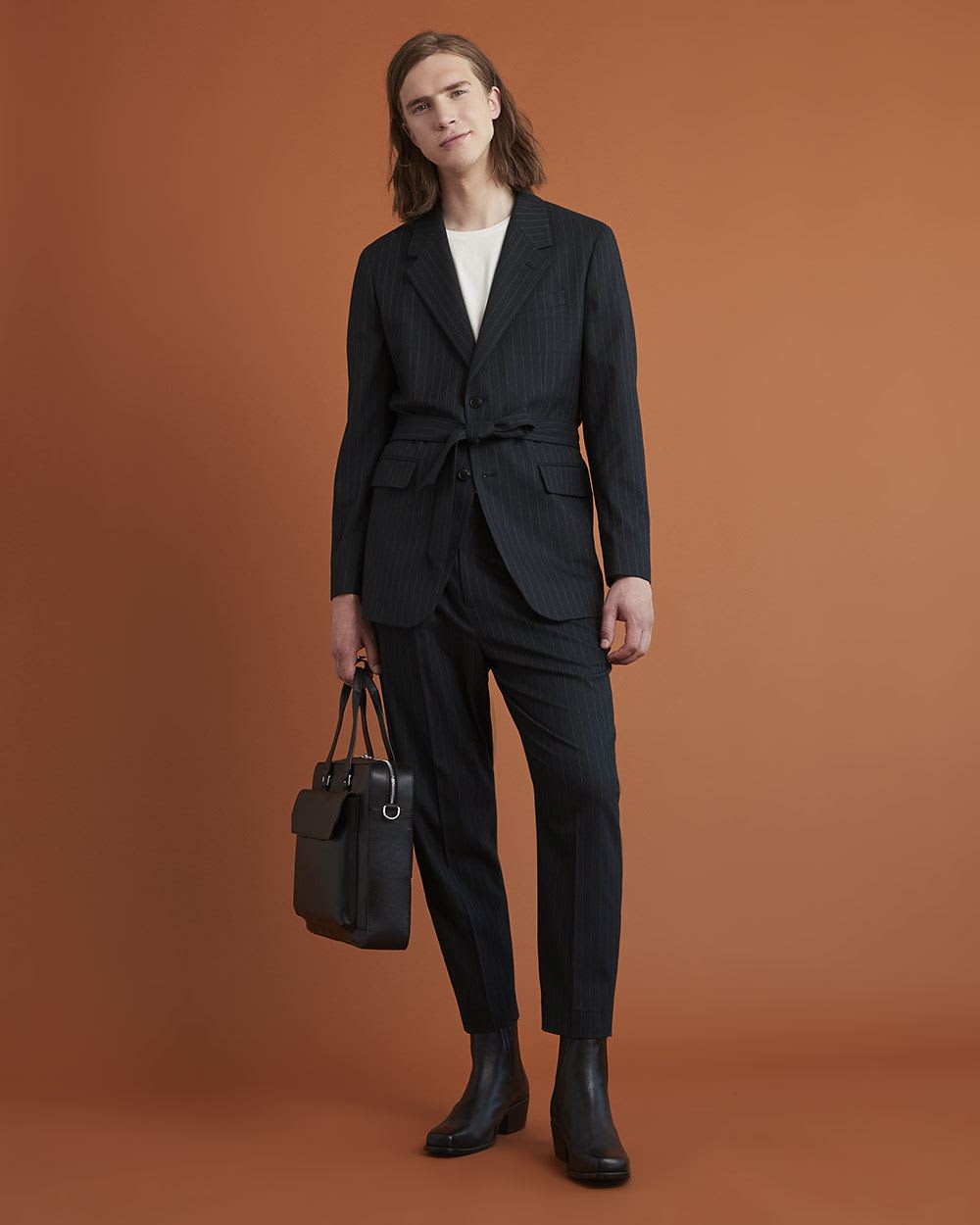 Gender-Neutral Navy Pinstriped Belted Blazer