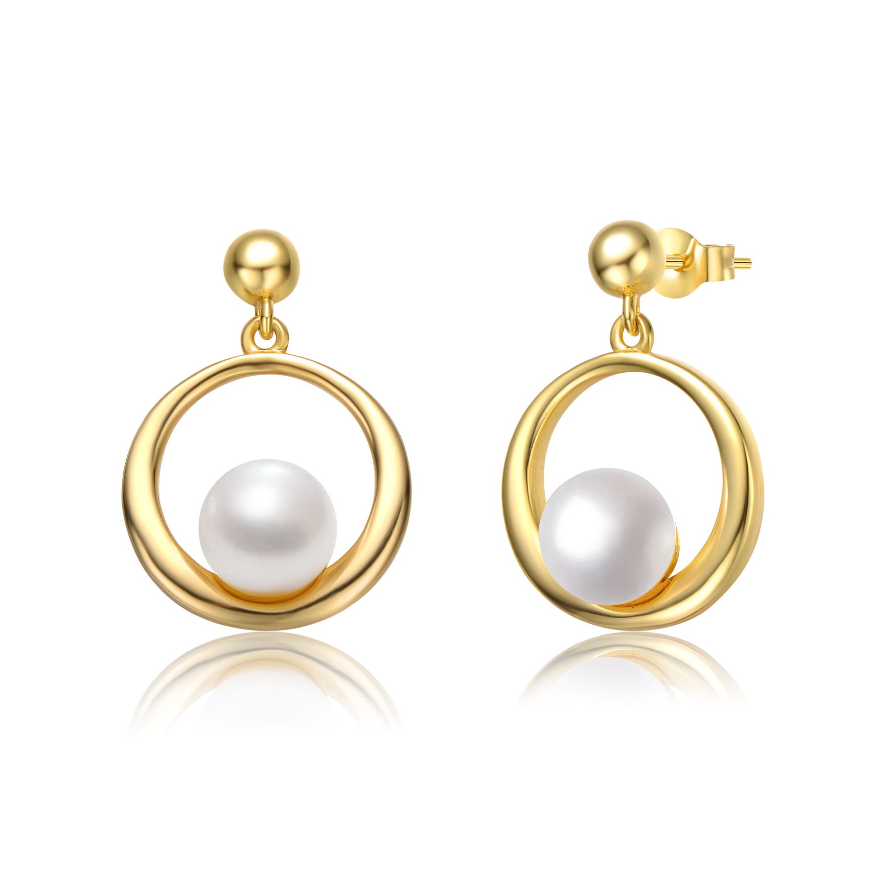 Sterling Silver 14k Yellow Gold Plated with White Pearl Eternity Circle Halo Dangle Earrings