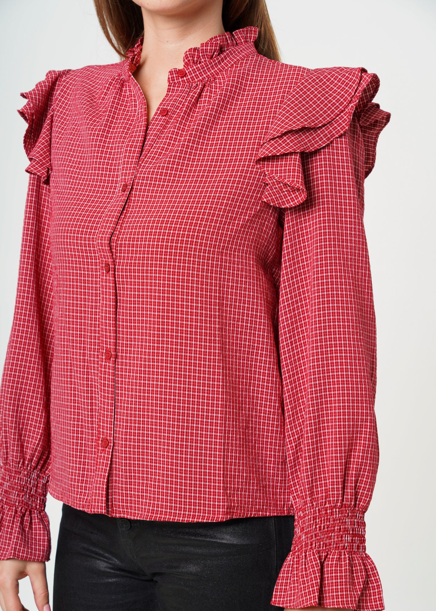 Nurode Ruffle Detailed Plaid Shirt