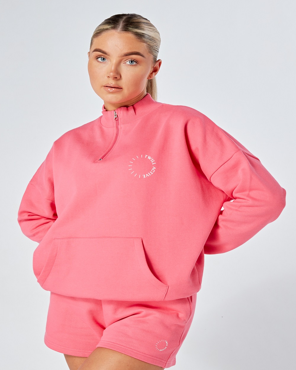 Twill Active - Essentials Oversized Funnel Neck Zip up Sweatshirt - Pink