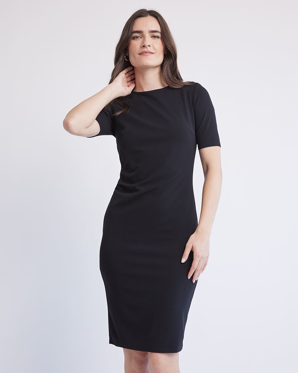 Elbow-Sleeve Fitted Dress with Crew Neckline