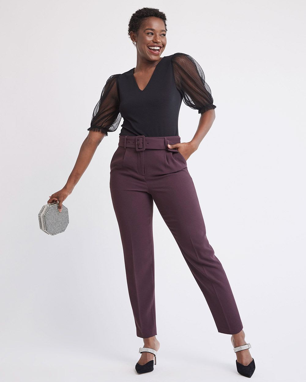 High-Rise Tapered Ankle Leg Crepe Pant With Belt
